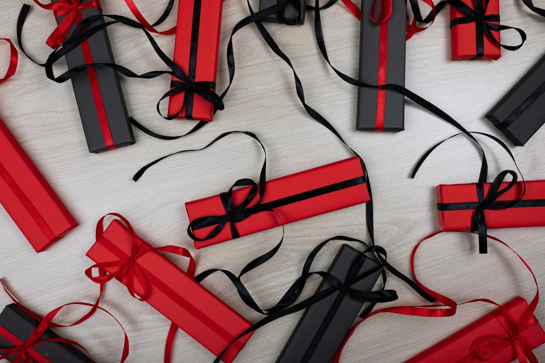 Close-up detail of pastry box packaging and ribbon styling